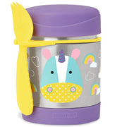 Unicorn food jar with purple body, yellow lid, and unicorn graphic with rainbows