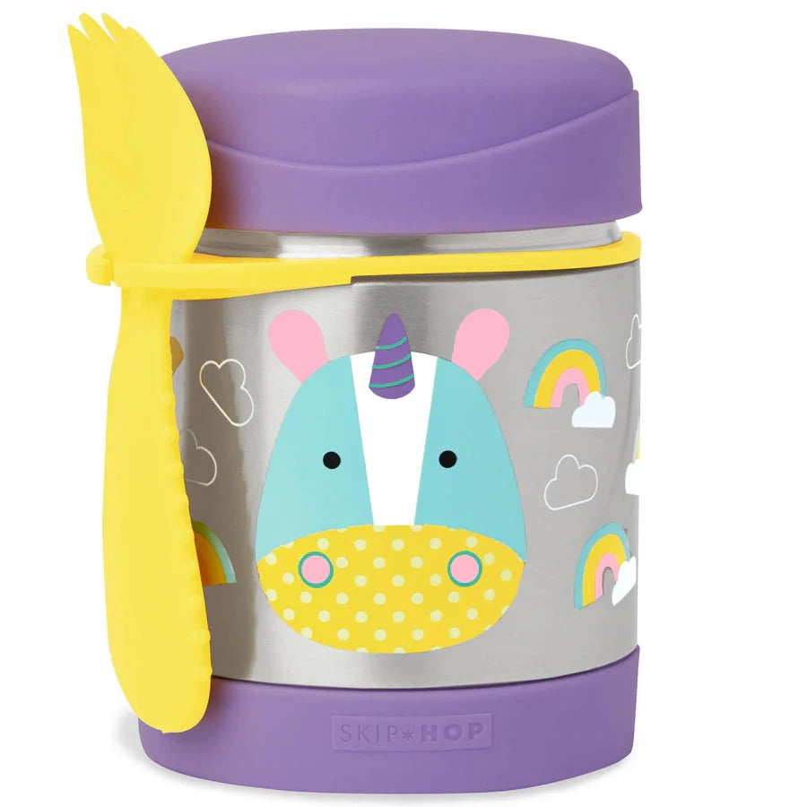 Unicorn food jar with purple body, yellow lid, and unicorn graphic with rainbows