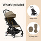 Tan stroller seat and two accessory covers shown with black frame stroller