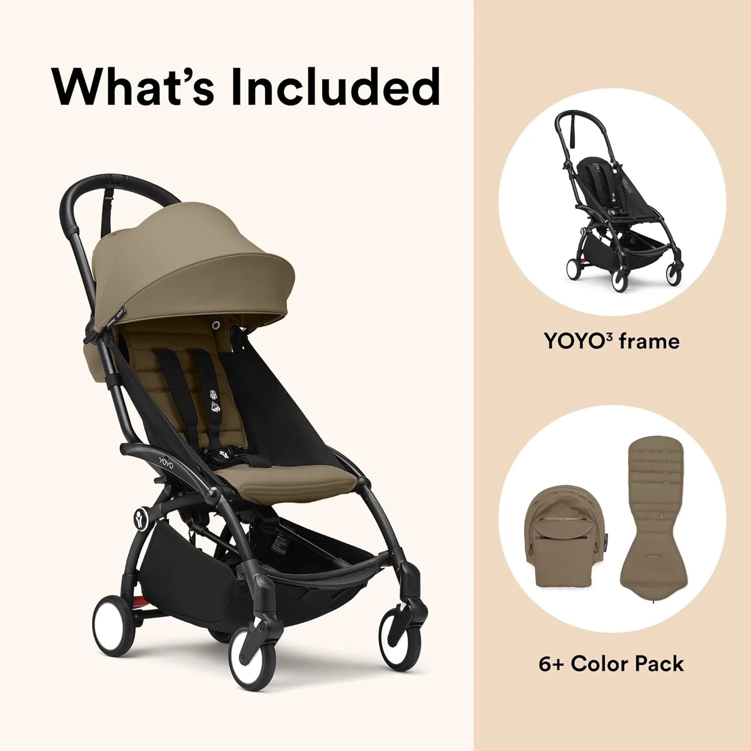 Tan stroller seat and two accessory covers shown with black frame stroller