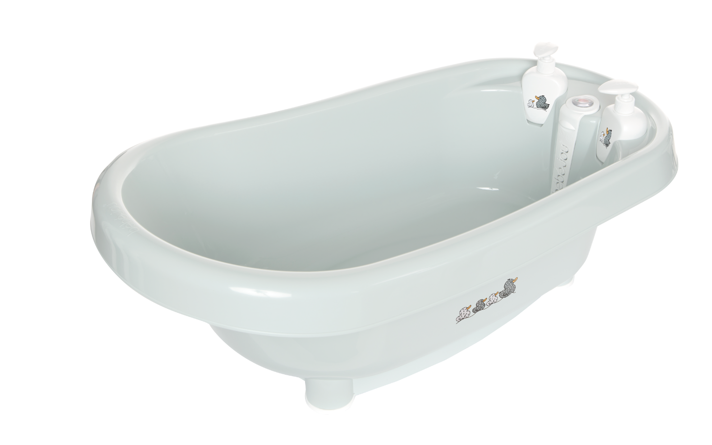 Thermobath Sepp bathtub, side view with built-in faucet and knobs, light blue