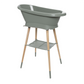Breeze green bath stand with oval tub and two-tier shelf, four wooden legs