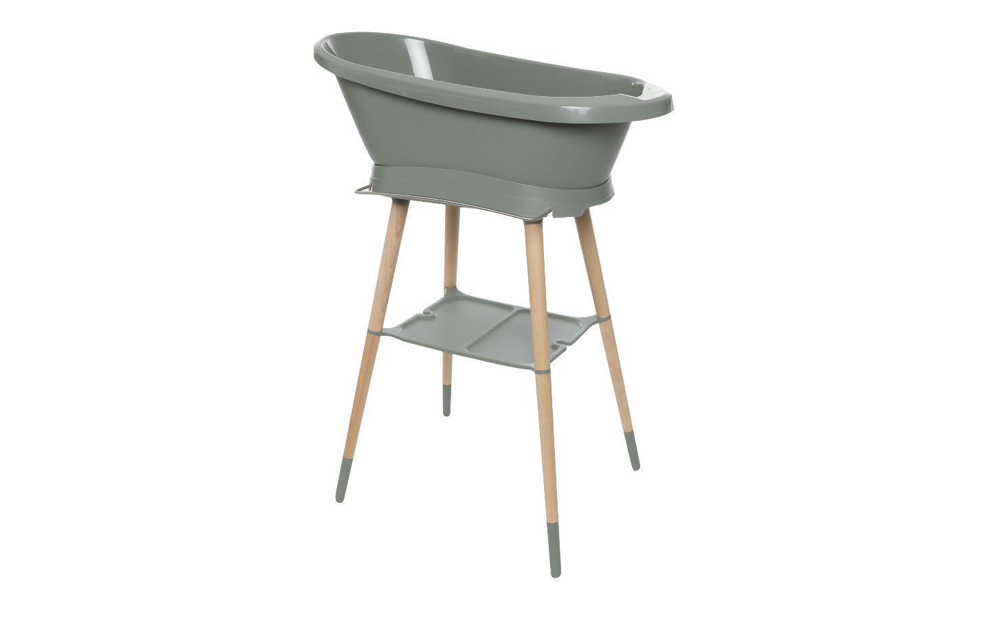 Breeze green bath stand with oval tub and two-tier shelf, four wooden legs