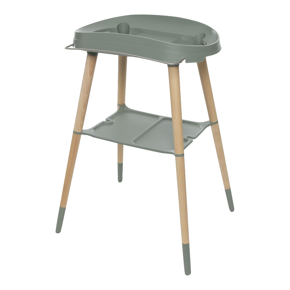 Green bath stand with integrated oval basin and lower shelf on wooden legs