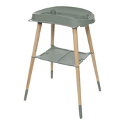 Green bath stand with integrated oval basin and lower shelf on wooden legs