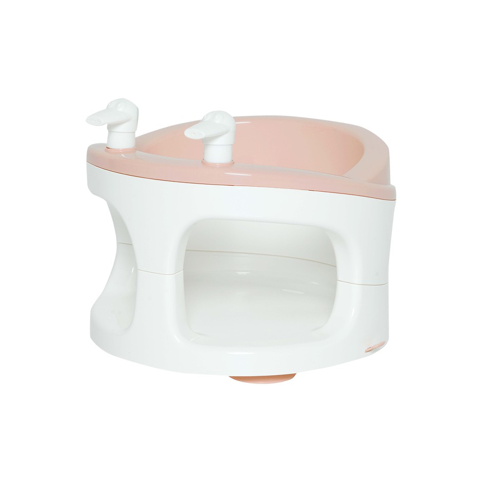 Pale pink bath seat with white frame and two grip handles