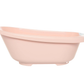 Pale pink plastic bath tub, angled side view with wide rim