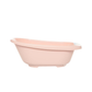 Pale pink plastic bath tub with wide rim and drain plug