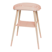 Pale pink bath stand with plastic seat and backrest, light wood four legs