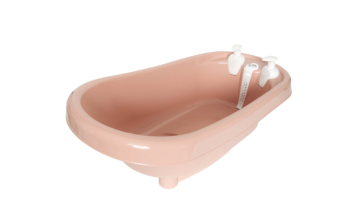 Pale pink bathtub with faucet deck and two soap dispensers on the rim