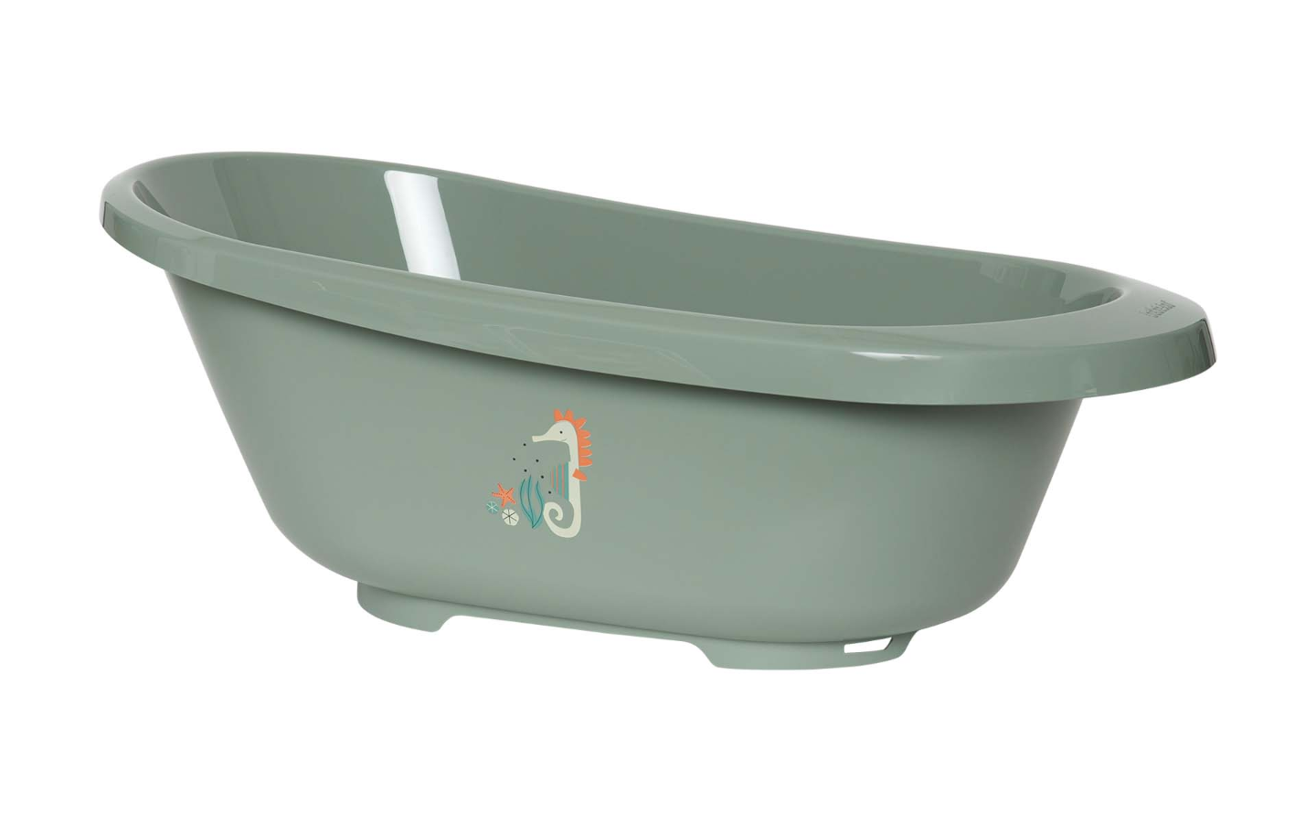 Light green bathtub with seahorse decal, side profile and wide oval rim