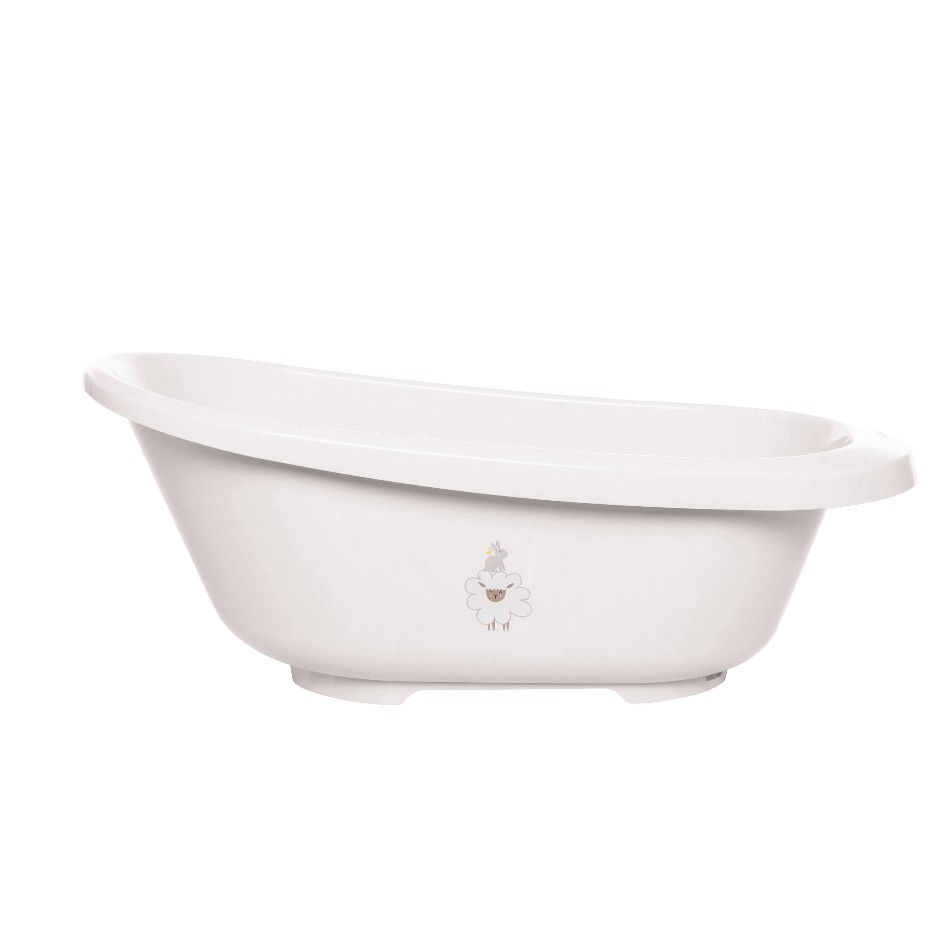 White baby bath tub with small sheep logo on front
