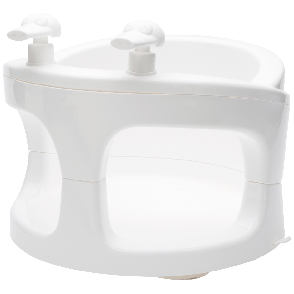 White plastic bath seat with front cutout and two hand grips