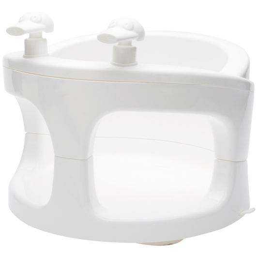 White plastic bath seat with front cutout and two hand grips