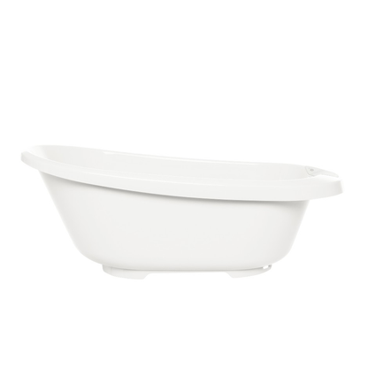 White bathtub with wide rim and contoured basin, front view