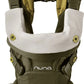 Olive green baby carrier with white headrest panel, padded shoulder straps, front pockets