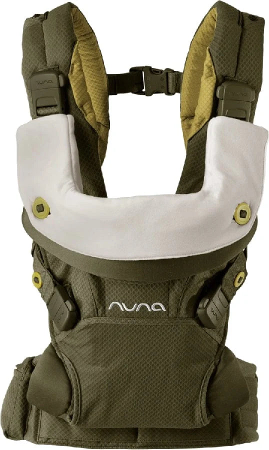 Olive green baby carrier with white headrest panel, padded shoulder straps, front pockets