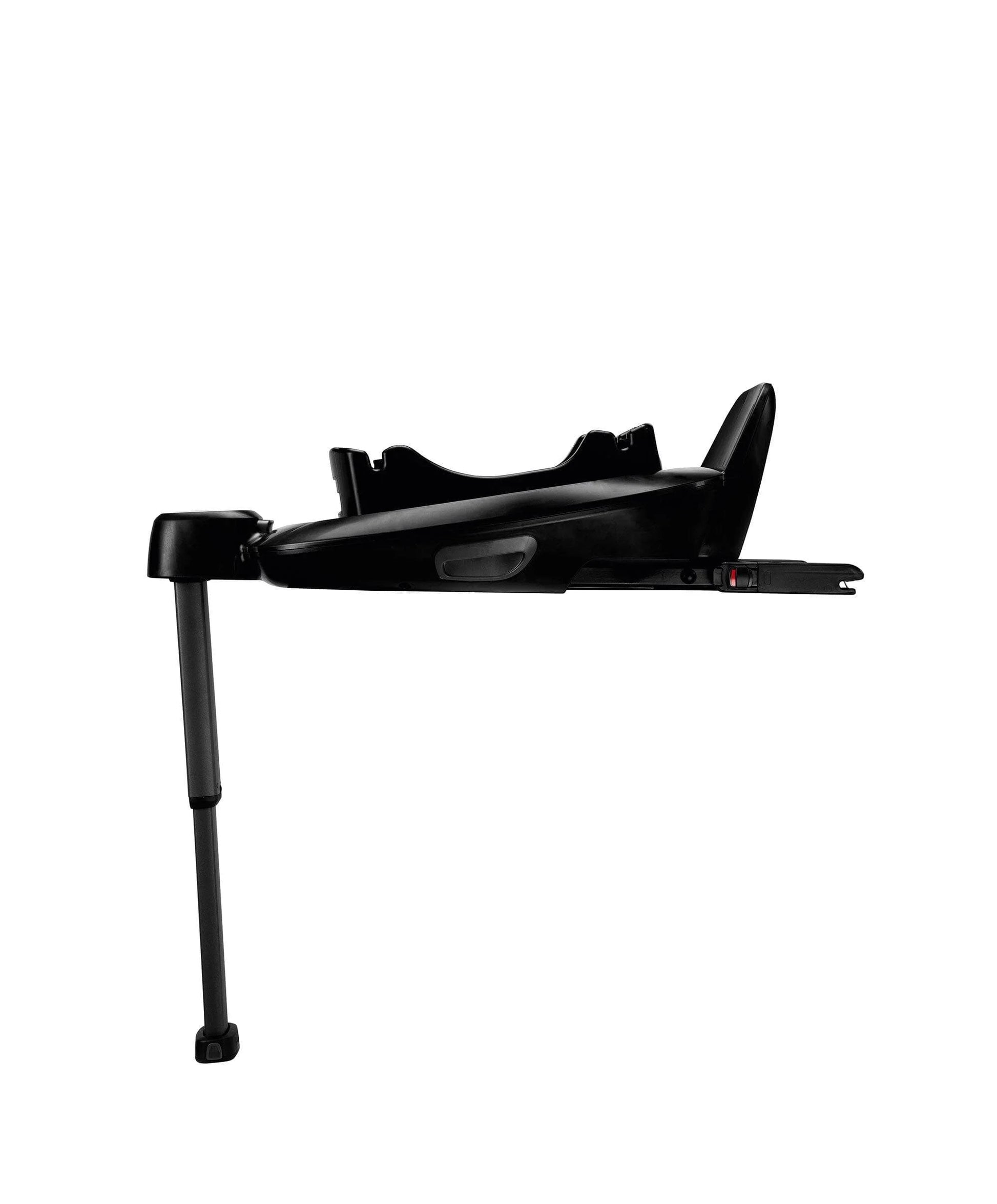 Black rotating car seat base side view with locking bar and support legs