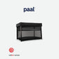 Black baby playard with mesh panels and padded canopy top