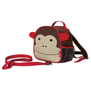 Monkey-shaped kids backpack in red and brown with front face and adjustable straps