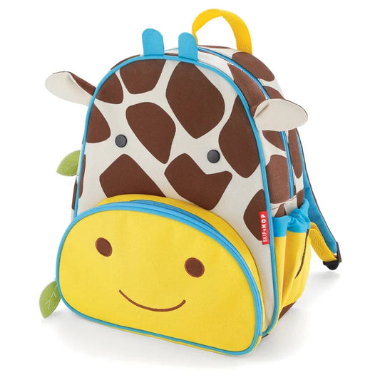 Giraffe kids backpack with yellow front pocket and brown spot pattern