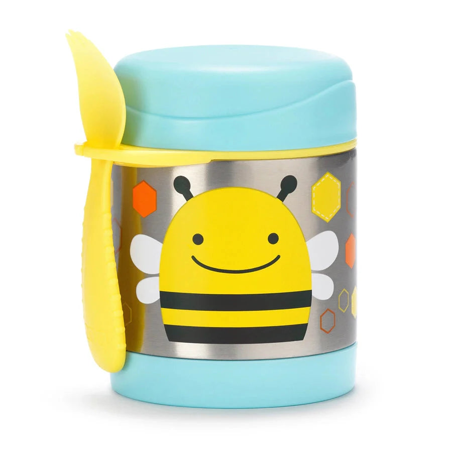 Bee-themed food storage jar with smiling bee face, blue lid and yellow handle