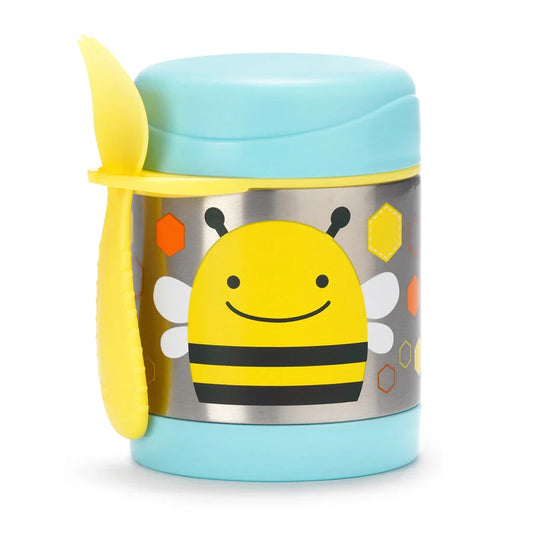 Bee-themed food storage jar with smiling bee face, blue lid and yellow handle