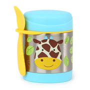 Giraffe food jar with metal body, light-blue lid, and yellow side handle