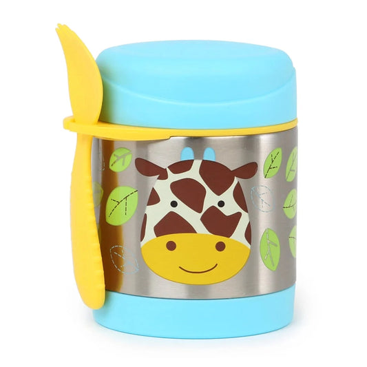 Giraffe food jar with metal body, light-blue lid, and yellow side handle