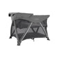 Grey bassinet with canopy shade and open mesh sides, three-quarter view