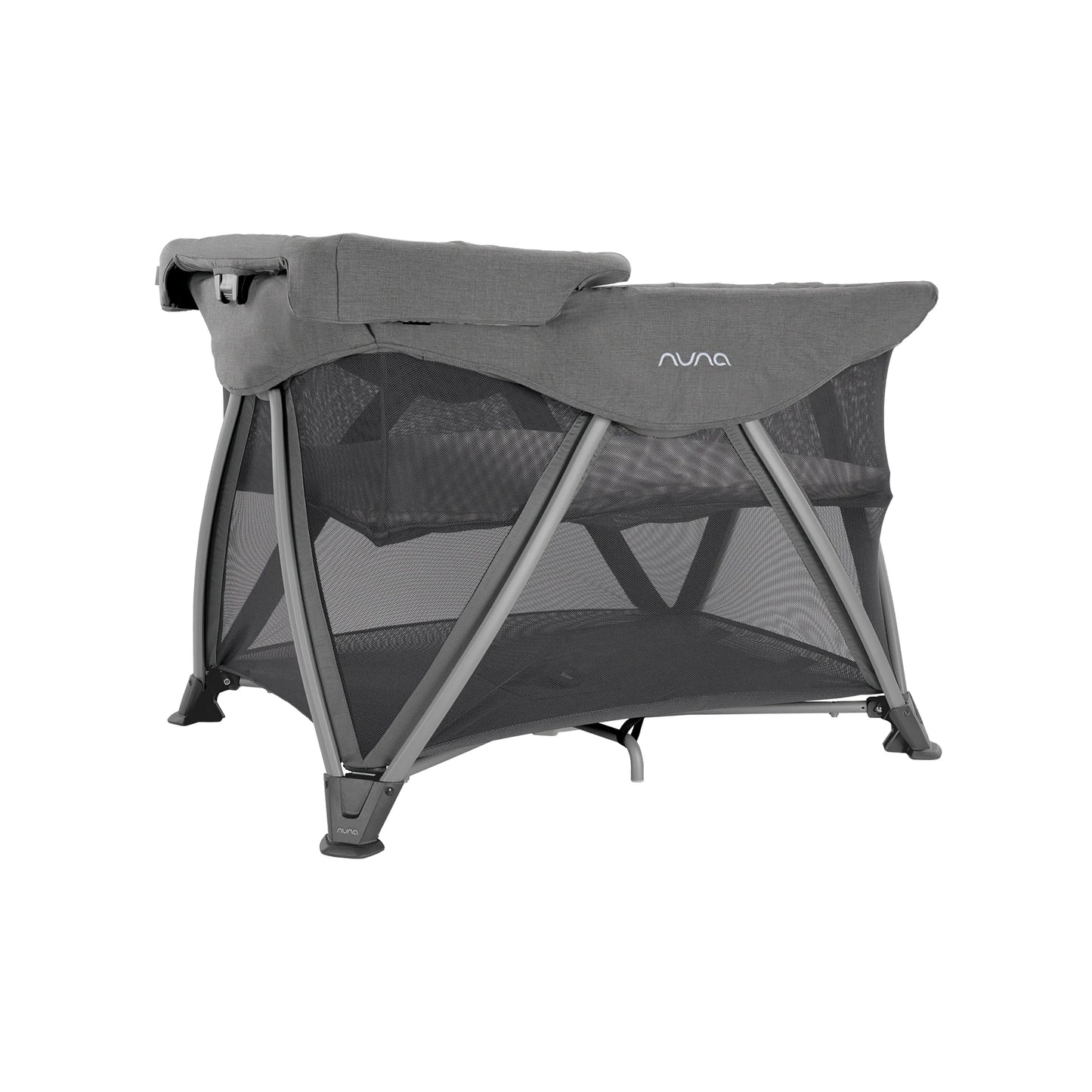 Grey bassinet with canopy shade and open mesh sides, three-quarter view