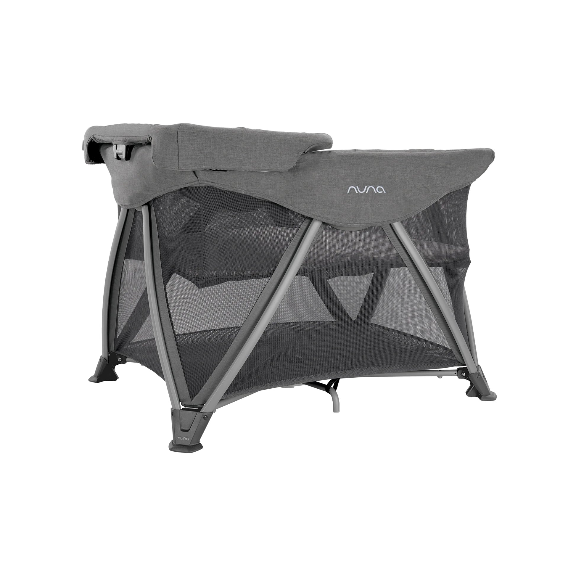 Grey bassinet with canopy shade and open mesh sides, three-quarter view