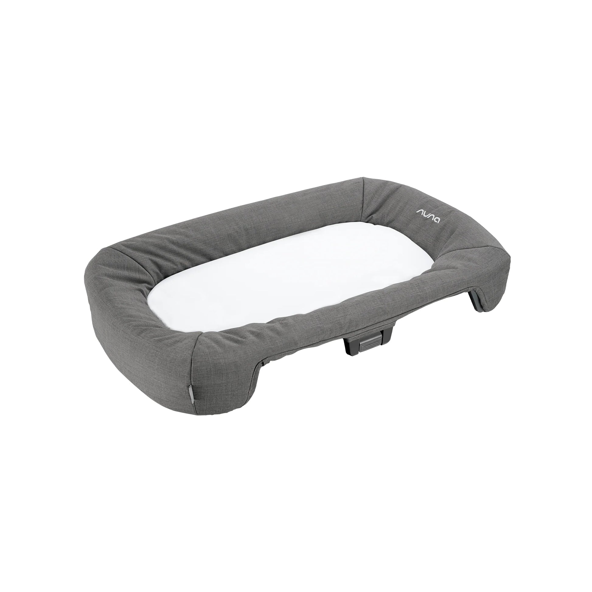 Grey curved padded bassinet rail insert with nuna logo, cushioned support