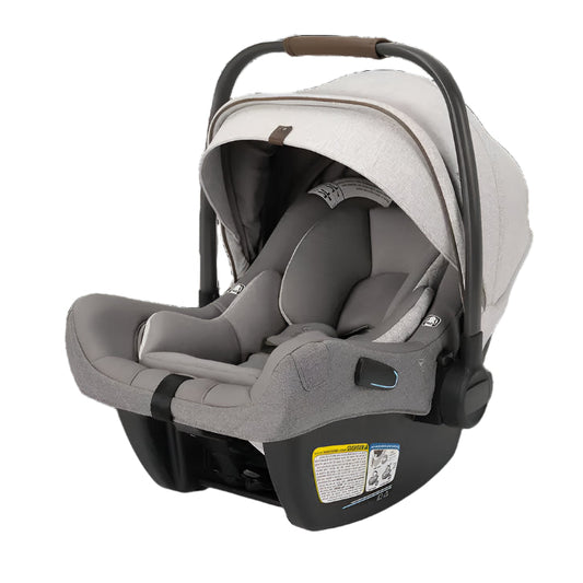 Gray and black baby car seat with canopy on a white background
