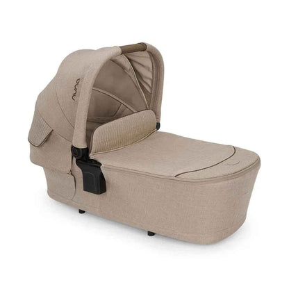 Stroller carry cot with beige fabric base, canopy hood with mesh window and black handle