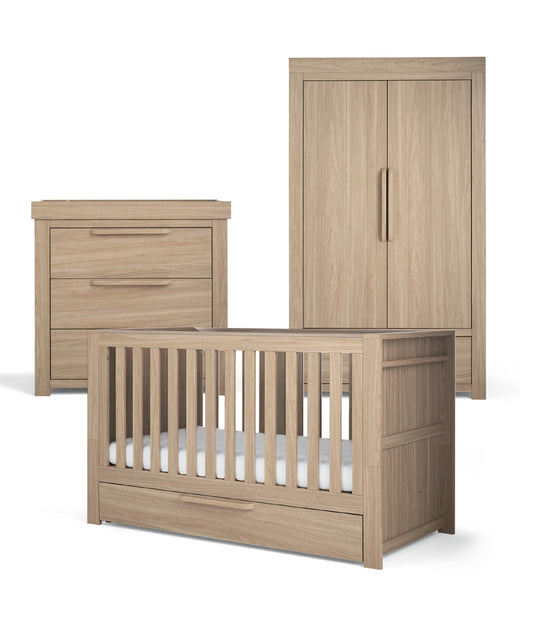 Lit bébé Franklin 3 pièces avec commode à langer et armoire double - Chêne