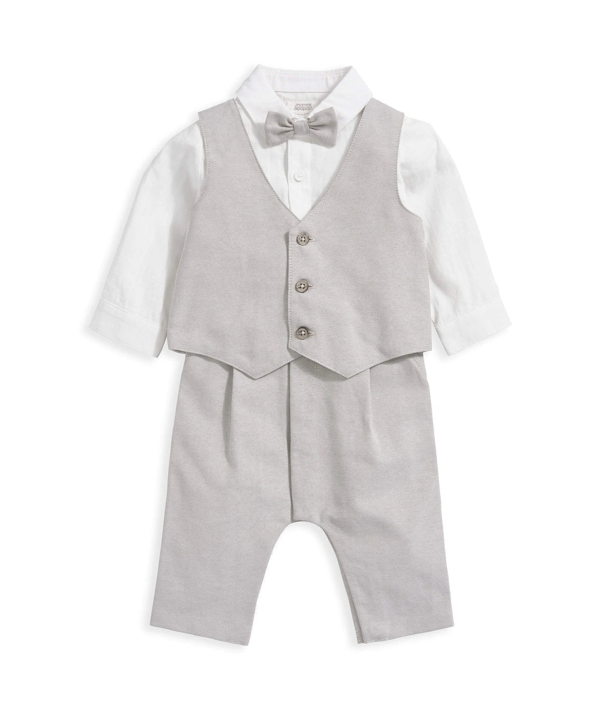 Cream linen mock romper with bow tie and buttoned waistcoat vest