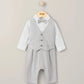 Cream linen mock romper with gray waistcoat, bow tie, and front buttons