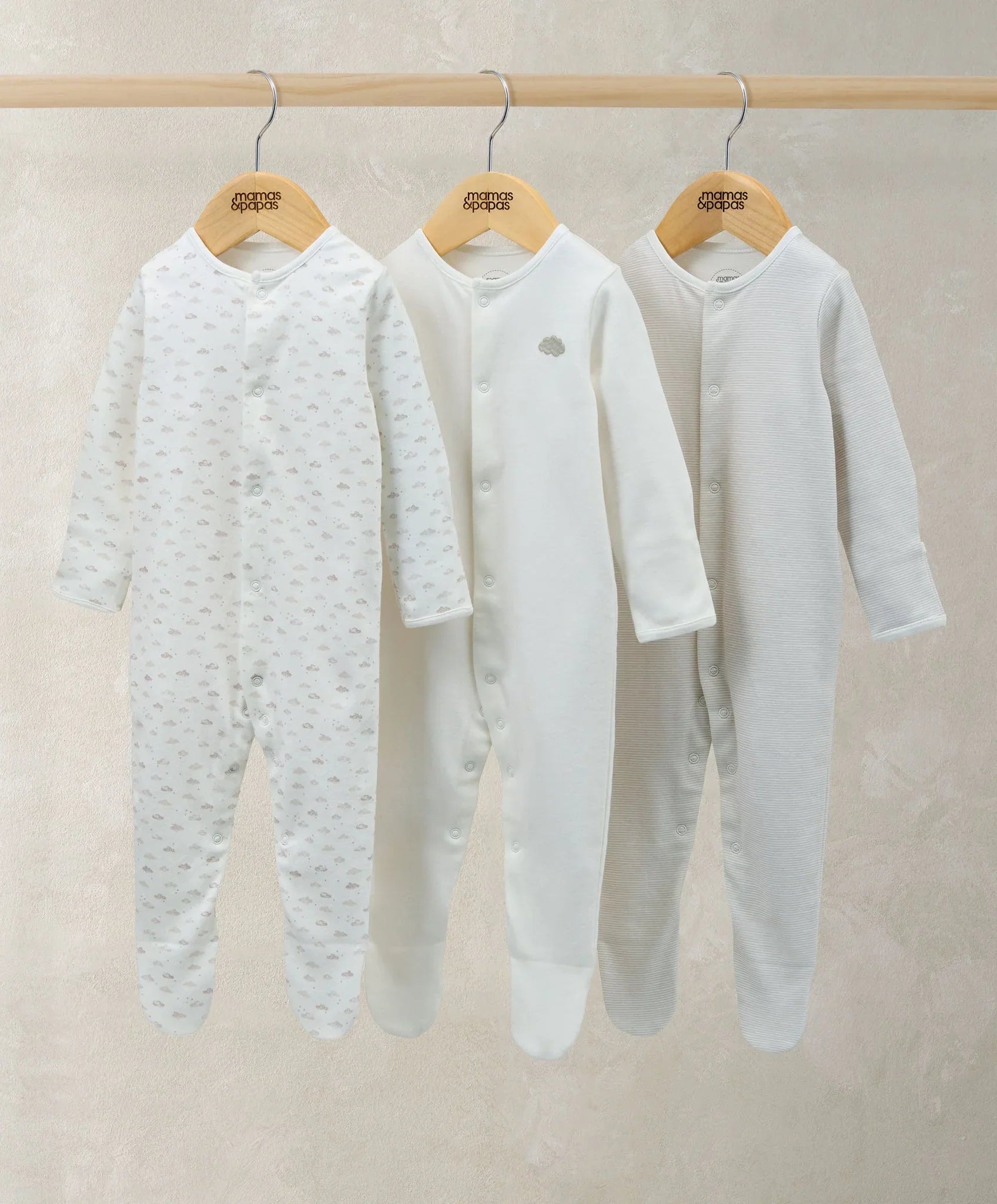 Mamas & Papas Sleepsuits (Pack of 3) - Cloud Stripe & Placement Prints