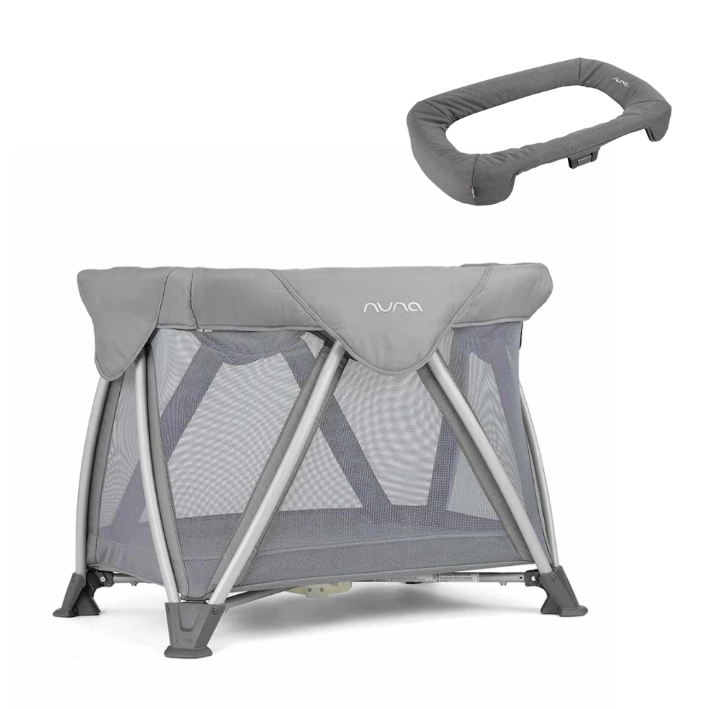 Grey mesh bassinet with padded canopy and fitted mattress insert, side view