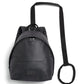 Black faux-leather backpack with top handle, front zipper pocket, and carry strap attached