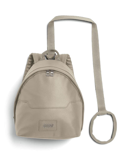 Khaki faux-leather backpack with top handle, front zipper pocket, and carry strap ring