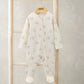 Cream bear-print all-in-one with front zip, long sleeves, footed cuffs