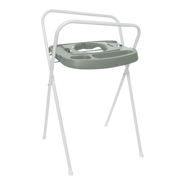 Green plastic bath support stand with round basin and side handle