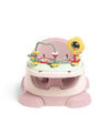 Floor booster seat with activity tray, pink top and light grey base with toy panel