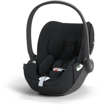 Black infant car seat with padded headrest and side shoulder supports, front-facing