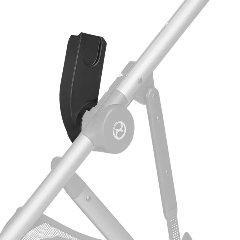 Black and white stroller adapter attachment on handlebar with curved footrest piece