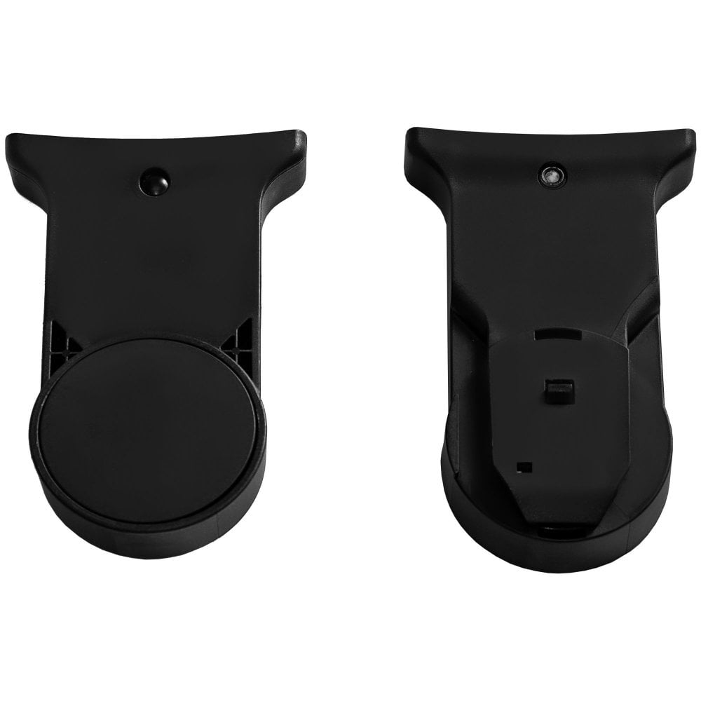 Black plastic stroller adapter, front curved plate with mounting holes and cutouts