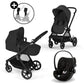 Black 3-in-1 stroller system with seat, carry cot, and infant car seat