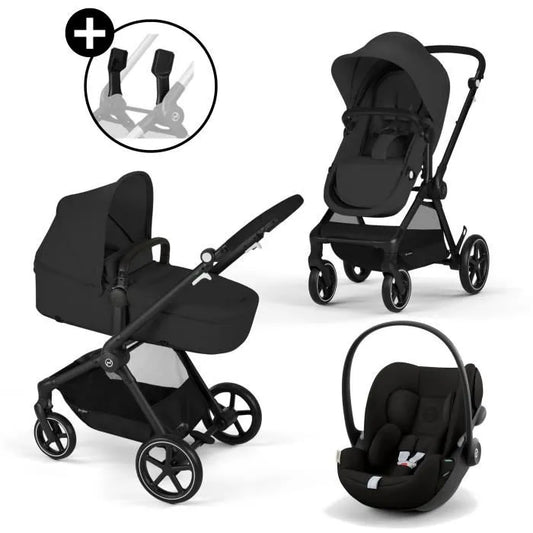 Black 3-in-1 stroller system with seat, carry cot, and infant car seat